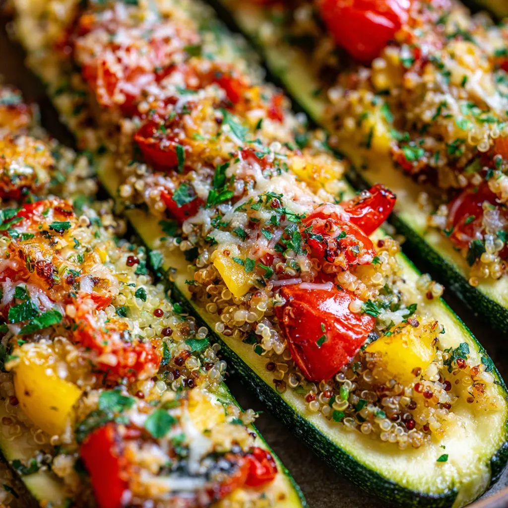 Stuffed zucchini boats with tomatoes and cheese.
