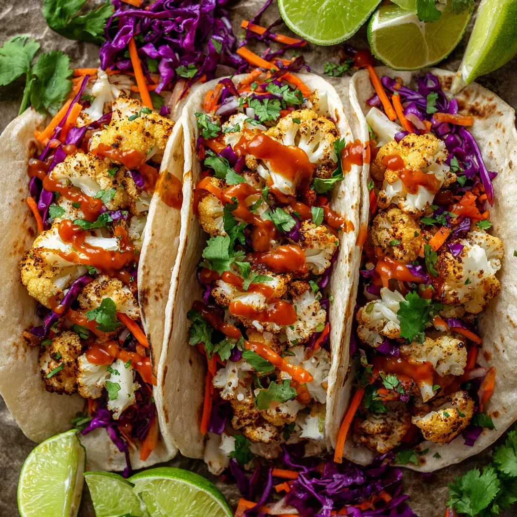 A plate of cauliflower tacos with sauce.