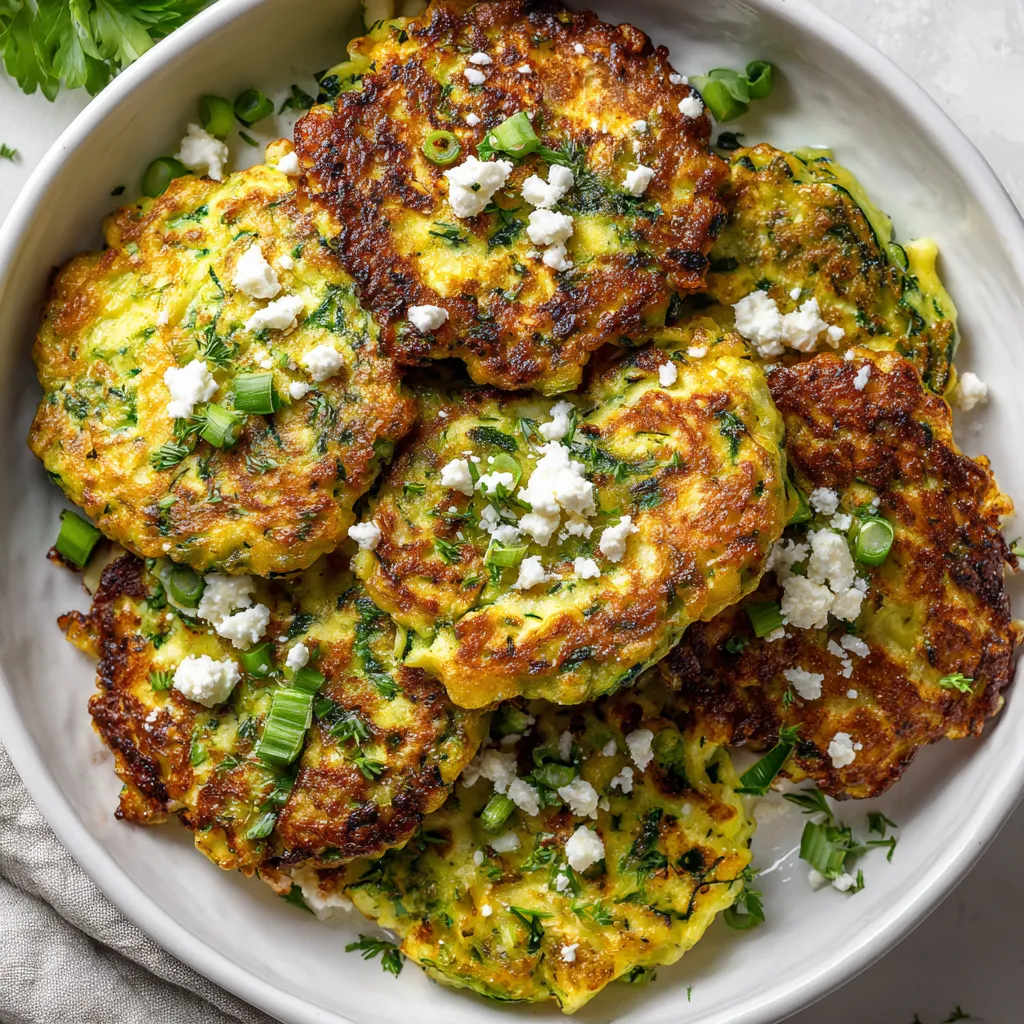 A bowl of zucchini fritters with feta cheese.