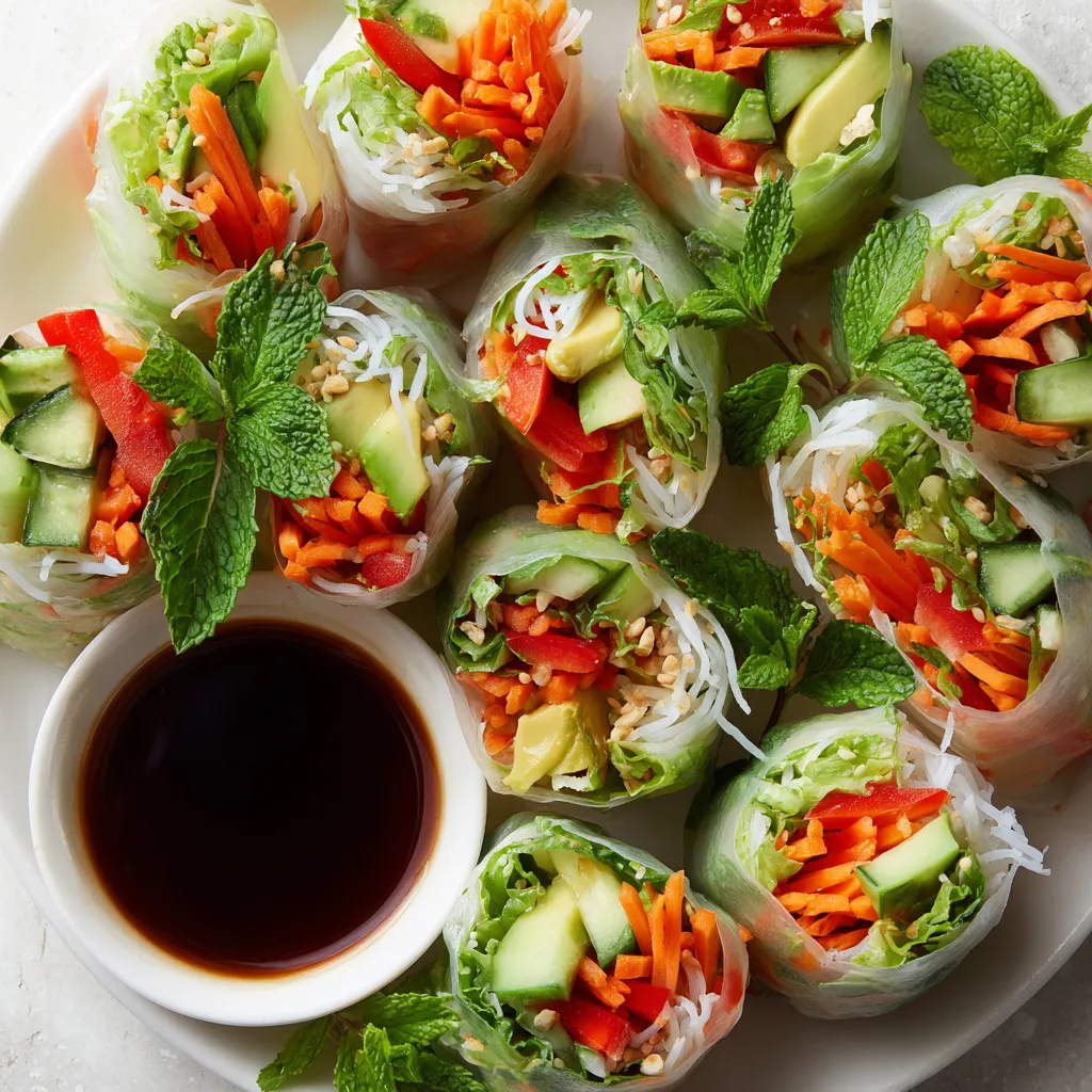 A plate of veggie spring rolls with a dipping sauce.