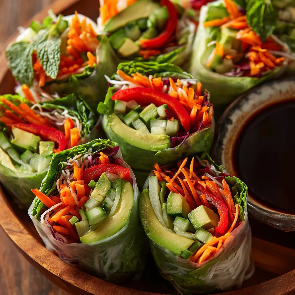Veggie spring rolls on a wooden tray.