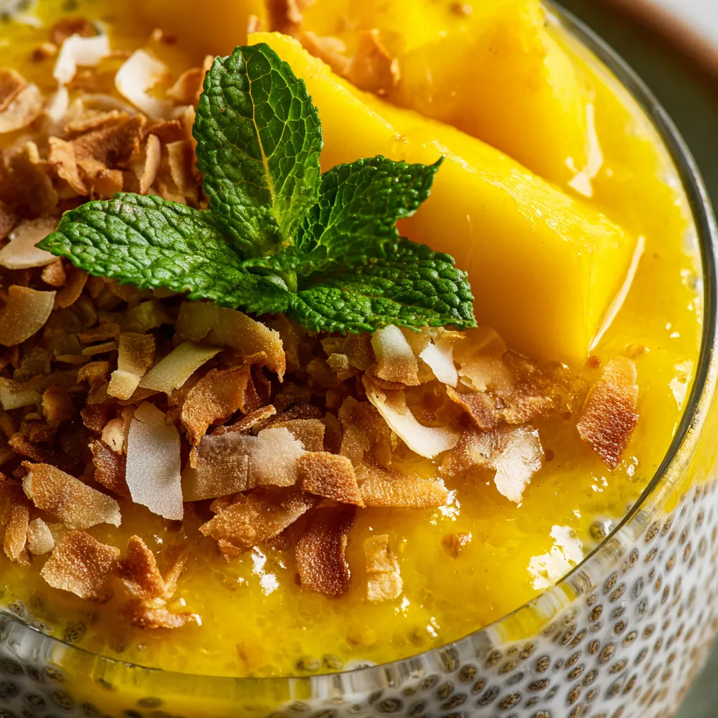 A bowl of coconut mango chia pudding.