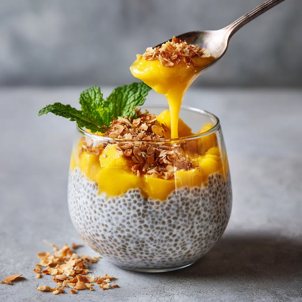 A glass of coconut mango chia pudding.