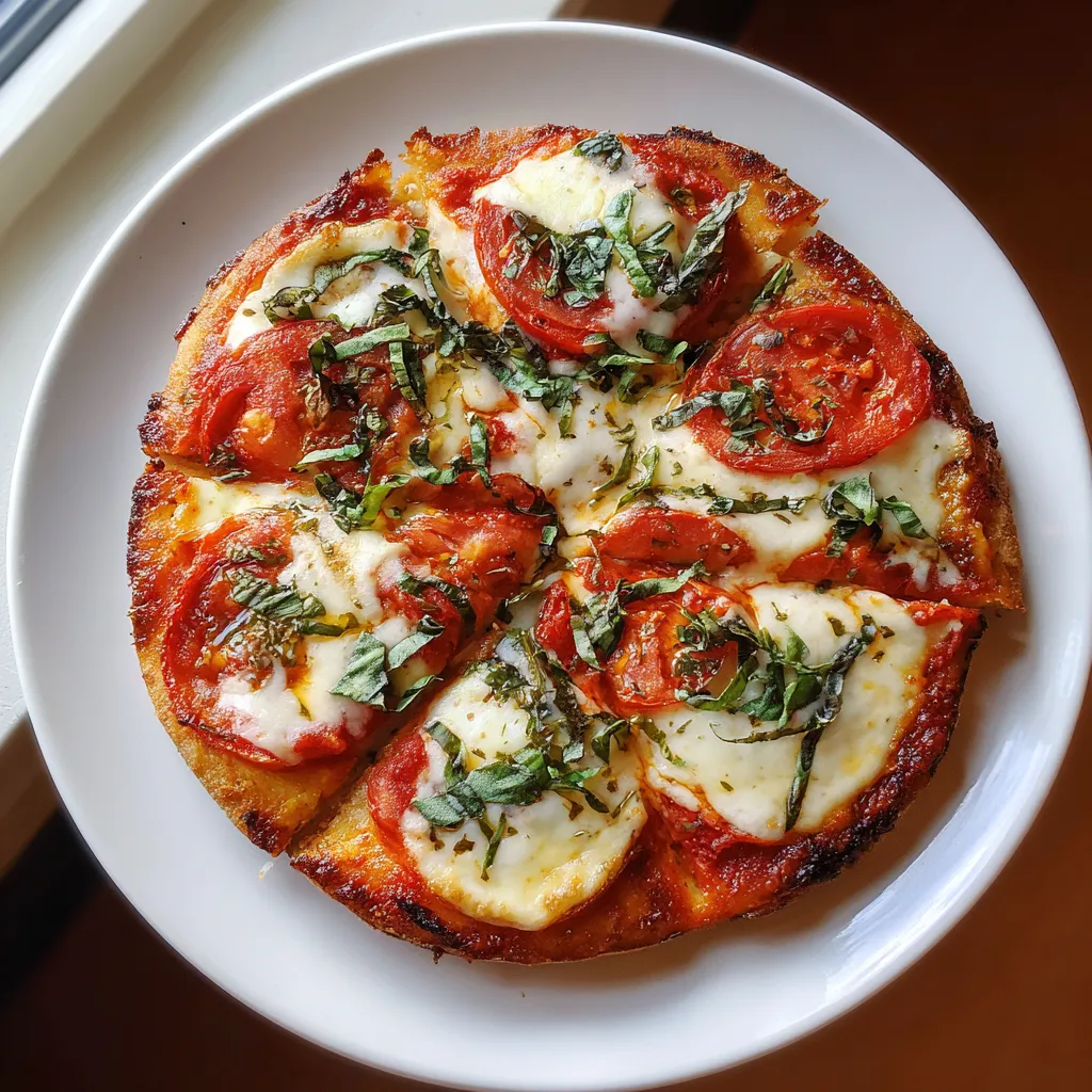 A grilled Margherita pizza on a plate.
