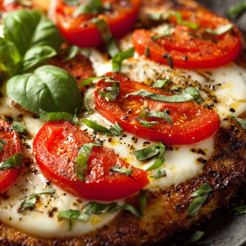 A grilled Margherita pizza with tomatoes and basil.