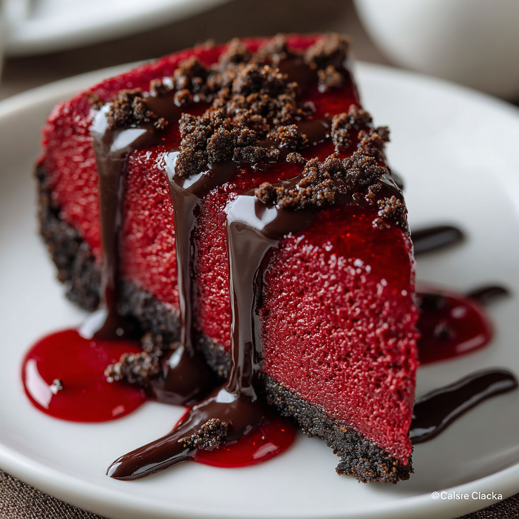 A slice of red velvet cake with chocolate drizzle.