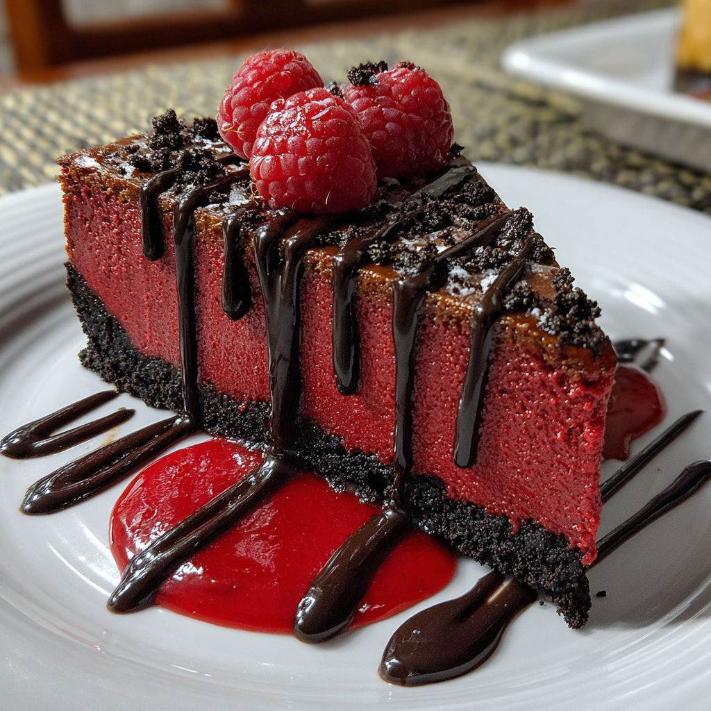 A slice of chocolate cake with raspberries on top.