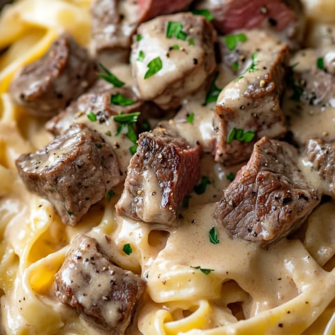 A plate of pasta with meat on top.