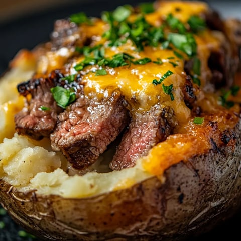 A close up of a steak covered in cheese and herbs.