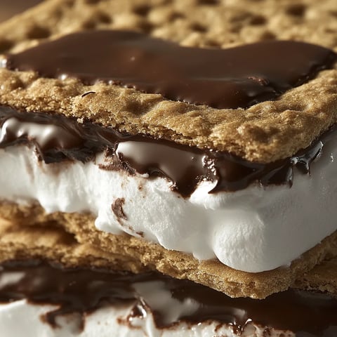 A stack of marshmallows with chocolate drizzled on top.