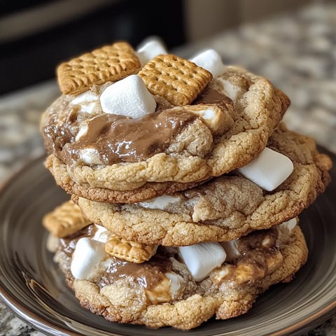 A stack of cookies with marshmallows on top.