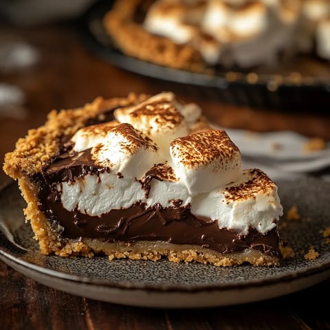 A slice of pie with marshmallows and chocolate.