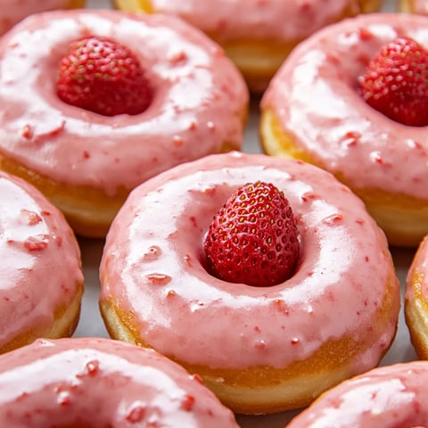 A pink frosted doughnut with a red strawberry on top.