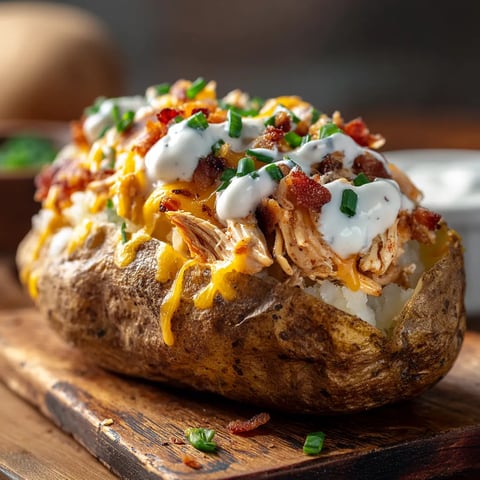 A baked potato with bacon and cheese.
