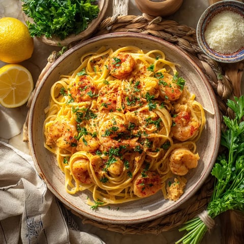 A bowl of pasta with shrimp and herbs.