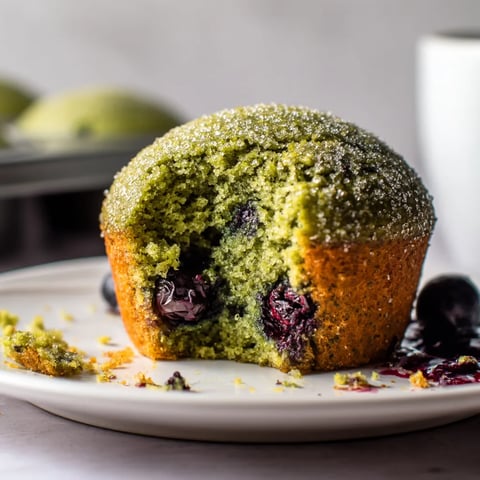 A green muffin with blueberries on top.