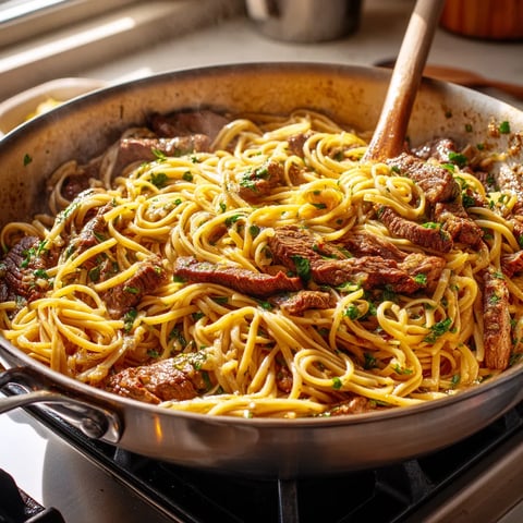 A pan of spaghetti with meat and vegetables.