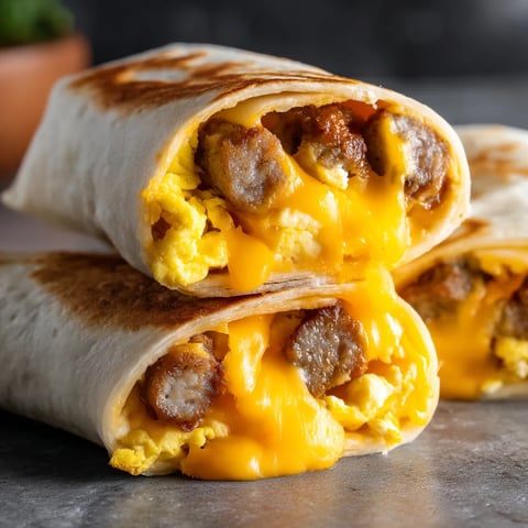 A breakfast burrito with eggs and sausage.
