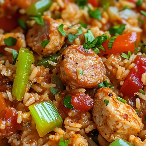 A plate of rice with sausage and vegetables.