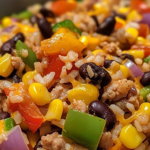 A close up of a colorful rice dish with meat and vegetables.