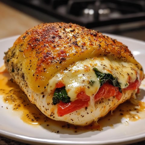 A piece of chicken with cheese and tomatoes on a plate.