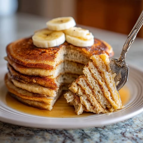 A stack of pancakes with bananas on top.