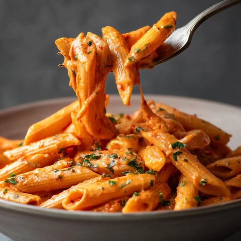 A bowl of pasta with red sauce.