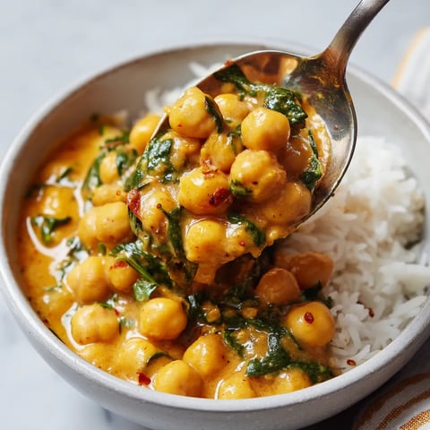A spoonful of soup with chickpeas and greens.