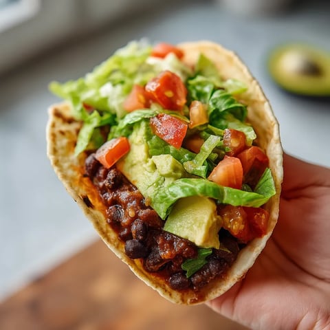 A hand holding a taco with lettuce, tomato, and black beans.