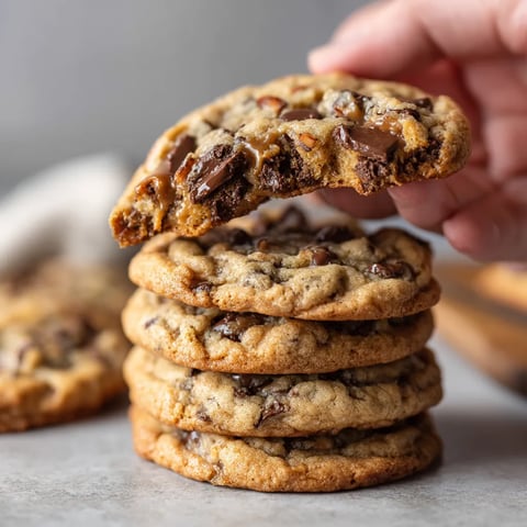 A person holding a cookie with chocolate chips.