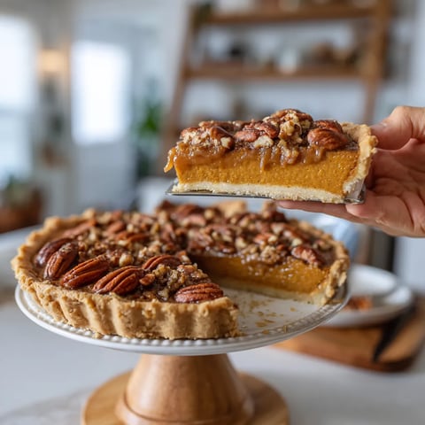A slice of pumpkin pie is being held by a person.