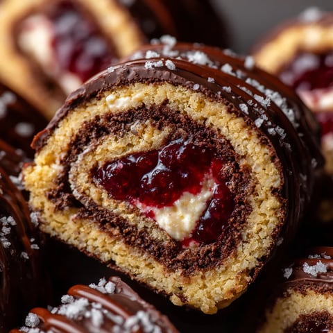 A close up of a chocolate and cherry pancake roll.