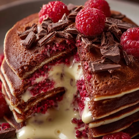 A stack of pancakes with chocolate and raspberry toppings.