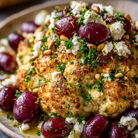A dish of roasted cauliflower with grapes and feta.