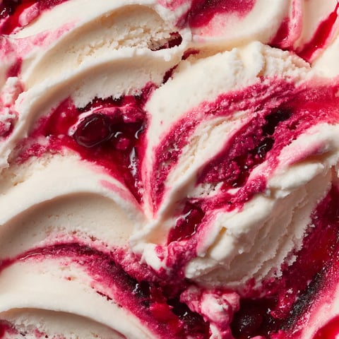 A close up of a cottage cheese ice cream with a berry swirl.