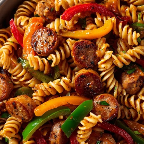 A meal of pasta with sausage and peppers.