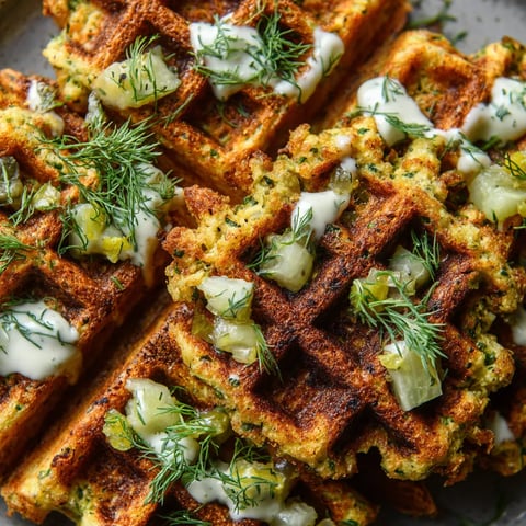 A plate of garlic-dill pickle falafel waffles.