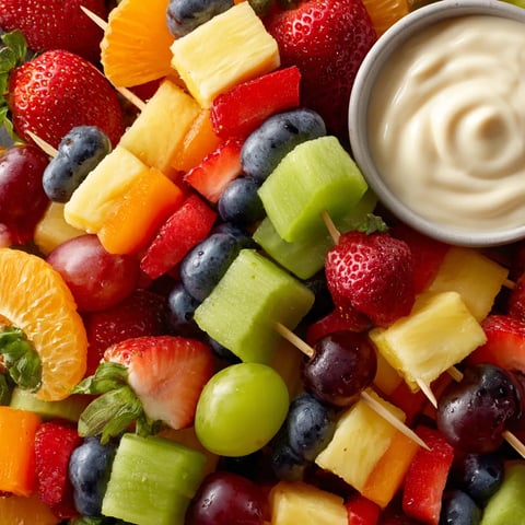 A colorful fruit skewer with yogurt dip.