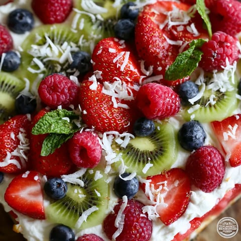 A slice of watermelon pizza with kiwi, strawberries, and blueberries.