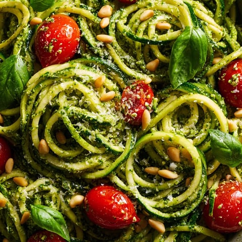 A dish of zucchini noodles with pesto.