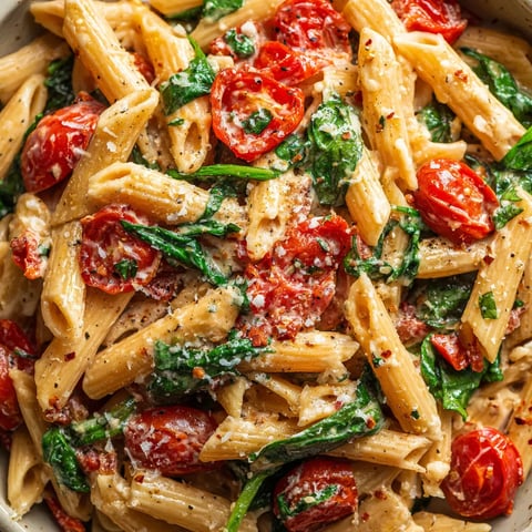 A bowl of pasta with tomatoes and basil.