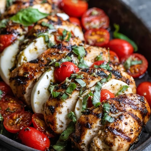 Caprese grilled chicken with tomatoes and basil.