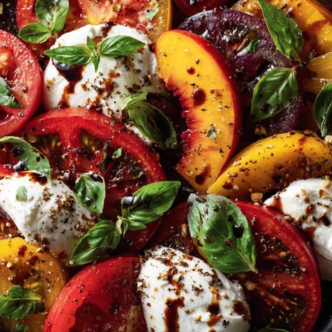 A salad with tomatoes, peaches, and burrata cheese.