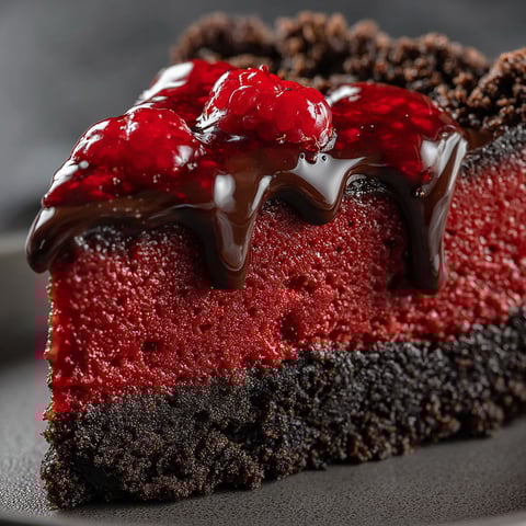 A slice of red velvet cheesecake with chocolate drizzle.